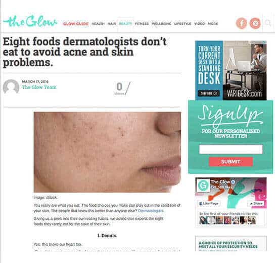 SkinB5 interviewed by The Glow March 2016 – Eight foods dermatologists don’t eat to avoid acne and skin problems