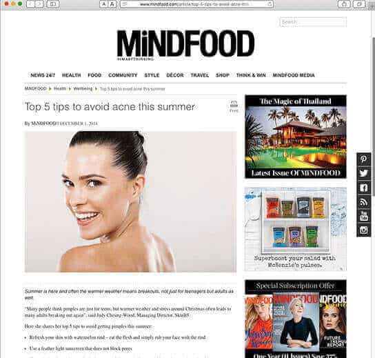 SkinB5 MD interviewed by MiNDFOOD Magazine December 2014 – Top 5 tips to avoid acne this summer