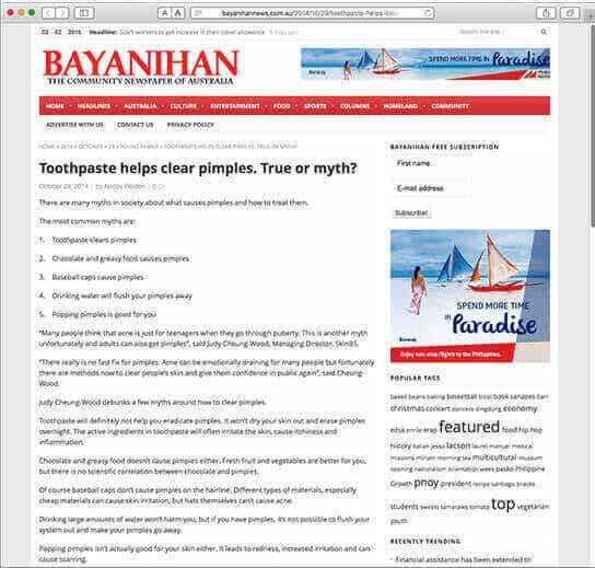 SkinB5 interviewed by Bayanhan News October 2014 – Toothpaste helps clear pimples. True or myth?